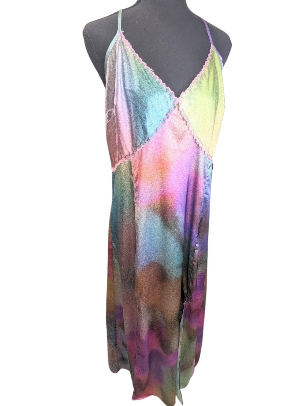 Anthropologie New Ceci Erlich Scalloped Muliicolor Satin Slip Dress XL Flaws